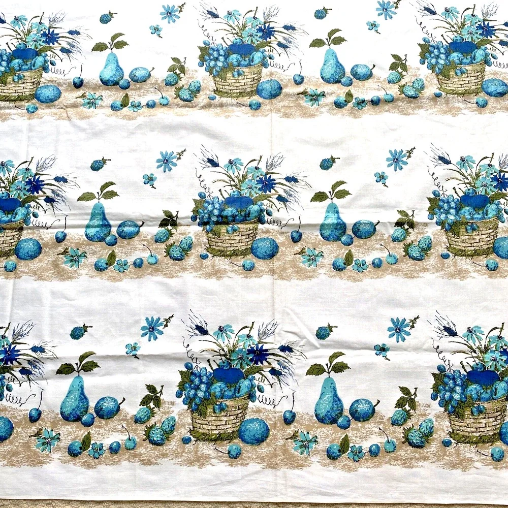 Vintage Tablecloth 70’s Handmade Picnic Buffet Cloth Aqua Blue Tan Fruit Basket